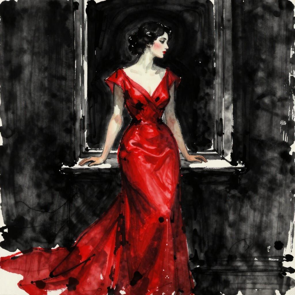 Crimson Gown Woman Stares Out Window in Black and White