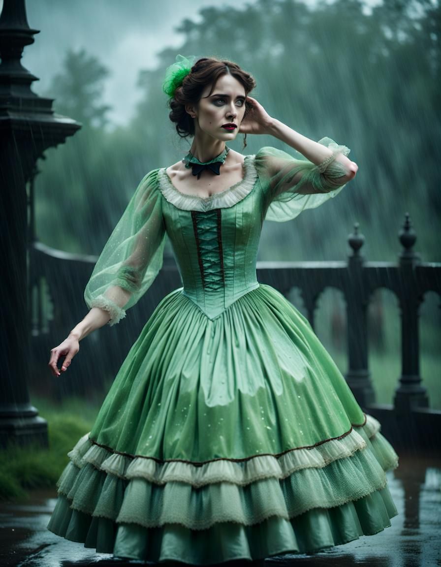 Woman in Green Crinoline Dress Dancing in Rain