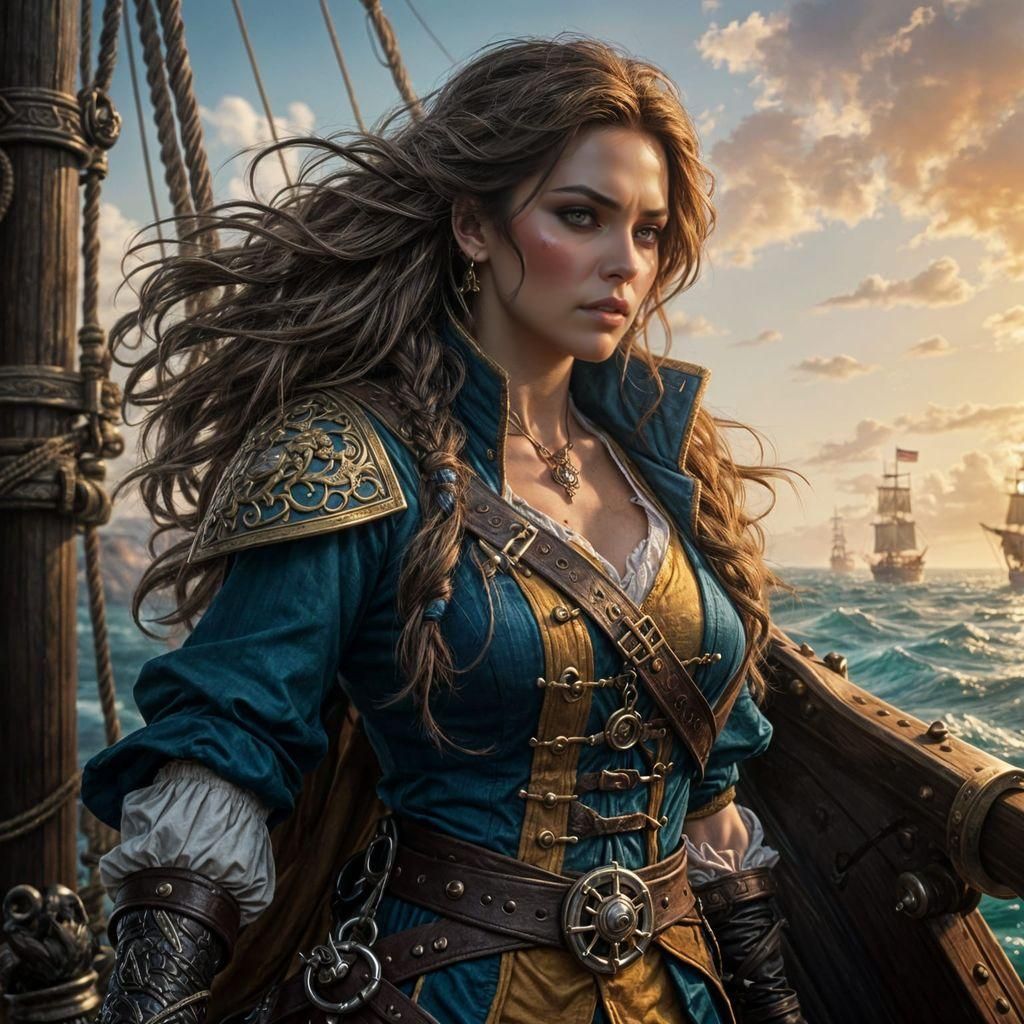 Epic Female Pirate Ship in High Fantasy Style