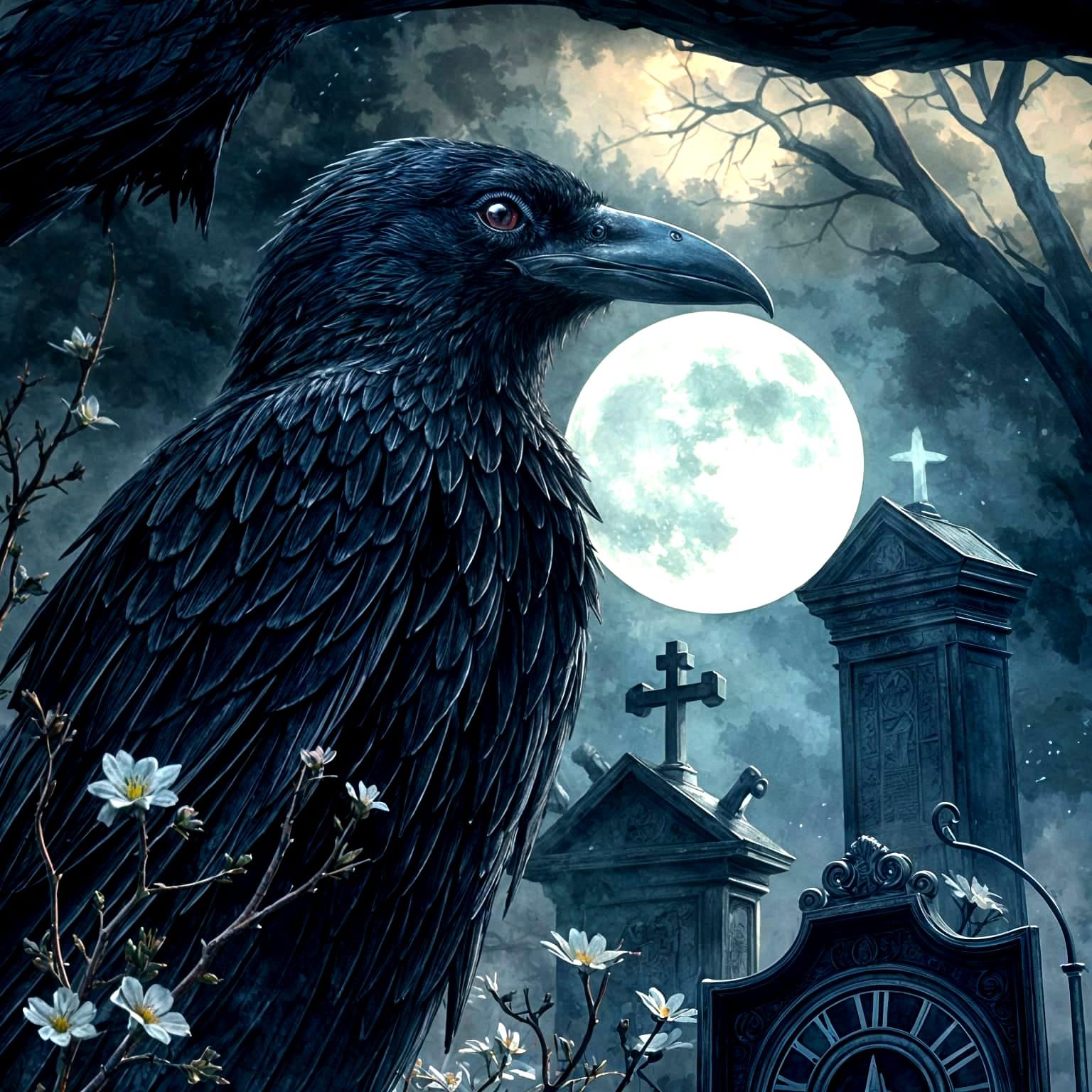 Beautiful Raven Portrait in Cemetery Watercolor
