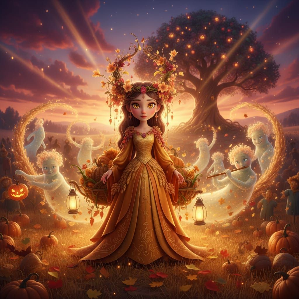 Mysterious Harvest Queen with Glowing Eyes in Disney Style
