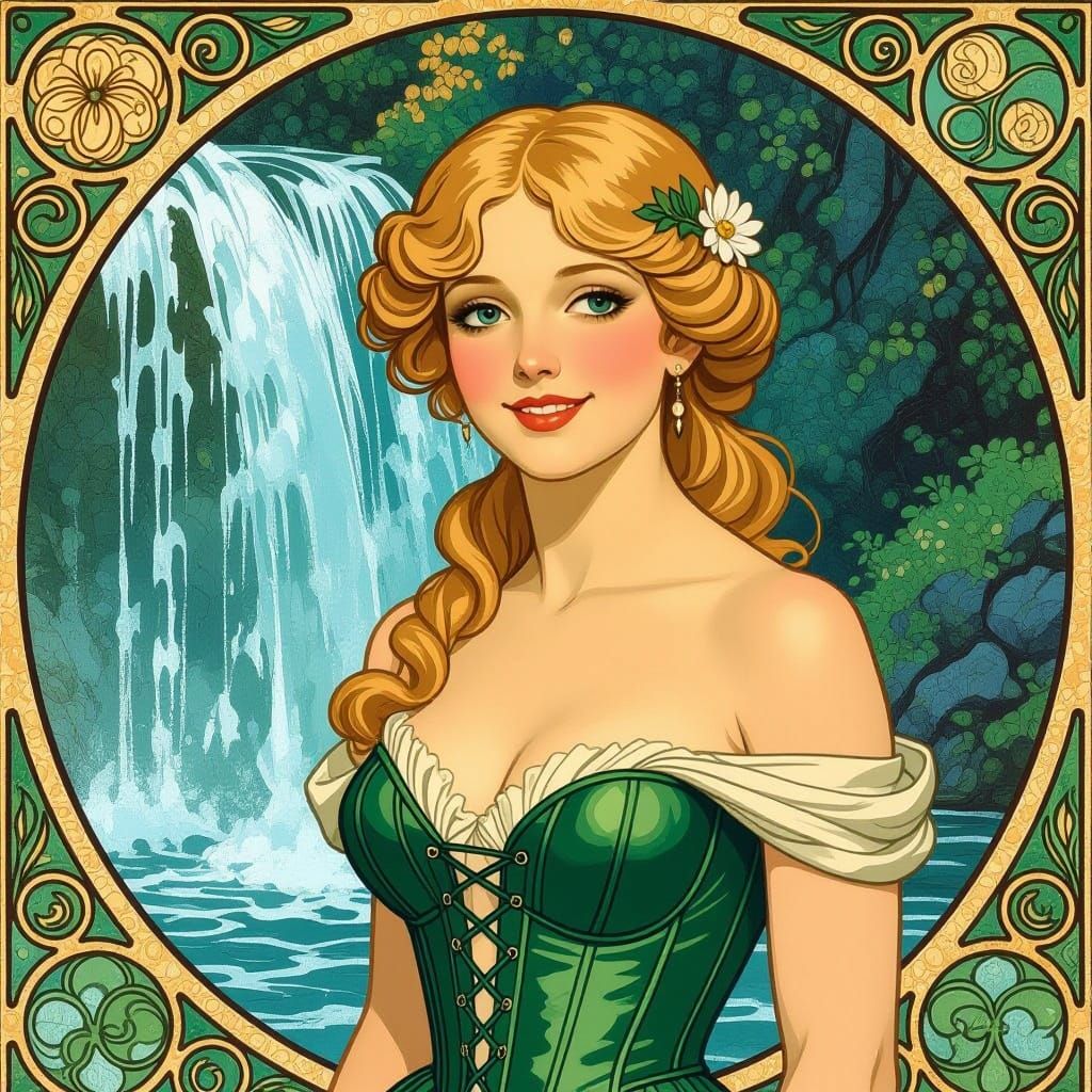 Elegant Woman by Waterfall in Art Nouveau Style