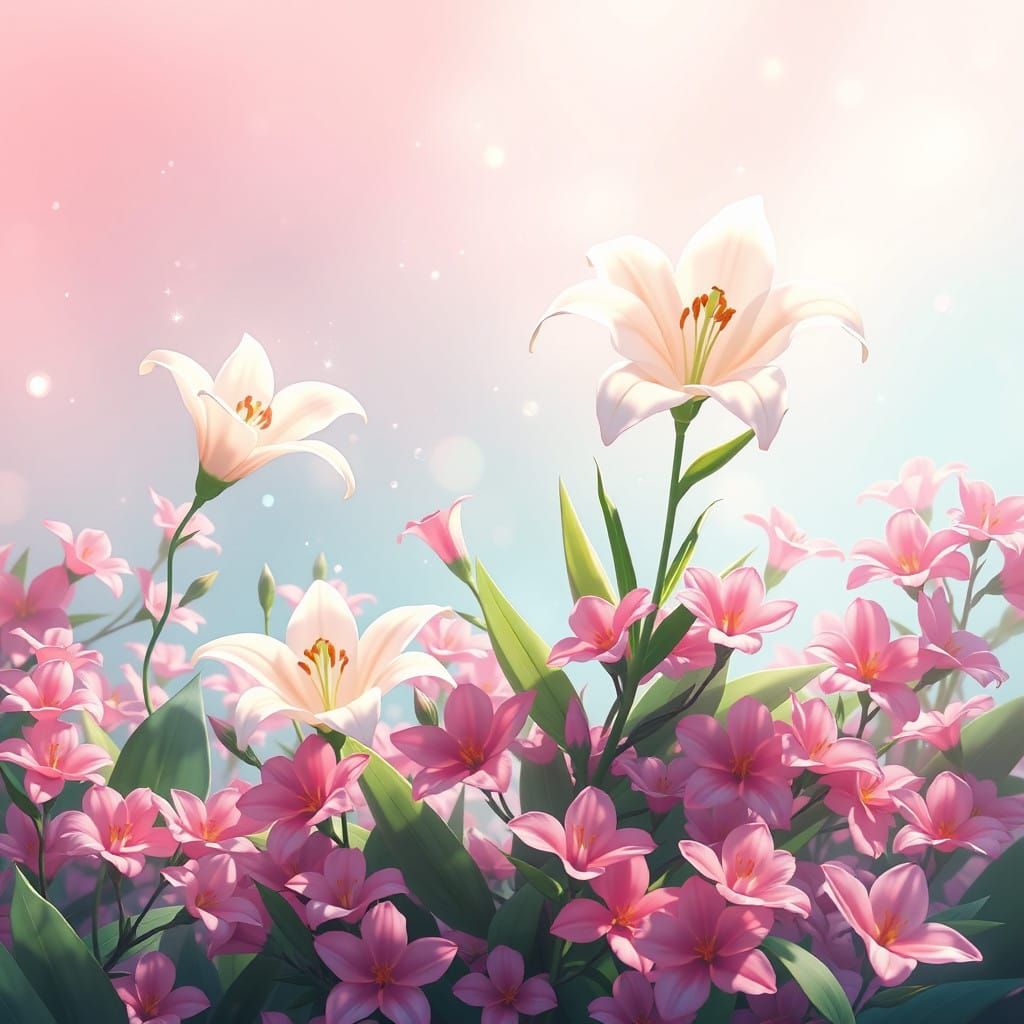 Whimsical Anime Garden Scene with Radiant Flowers