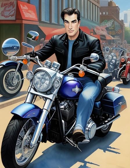 Cartoon Masterpiece: Young Biker on Harley-Davidson