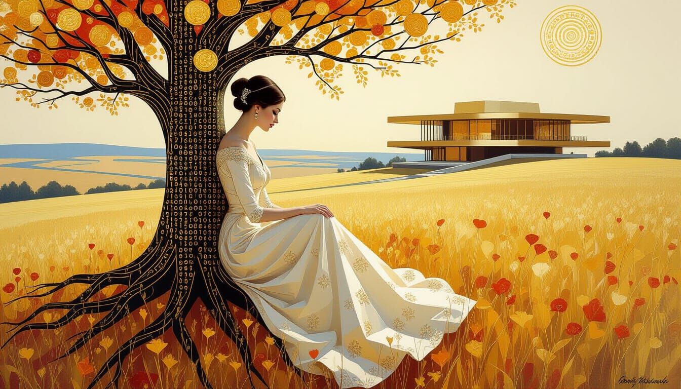 Woman Embraces Taproot of Love in Surreal Landscape