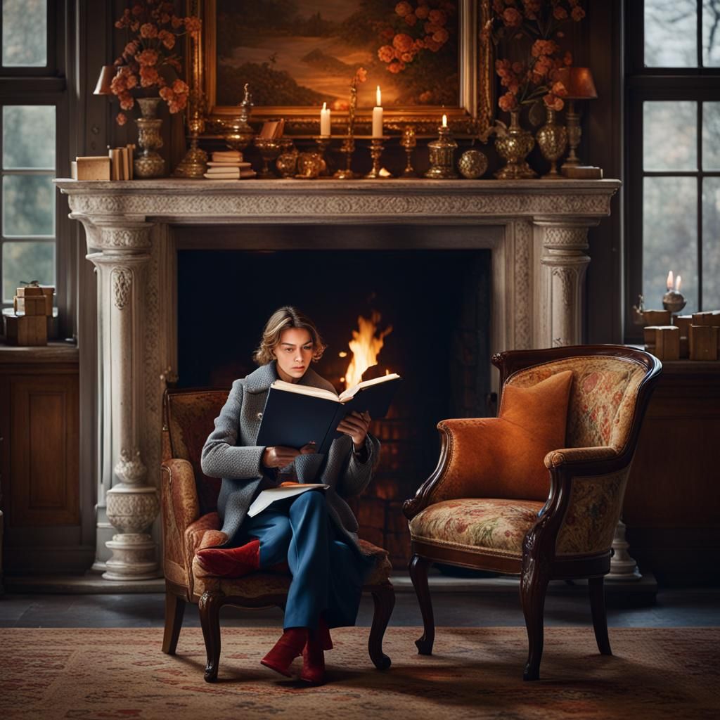 Girl Reading by Fireplace in Professional Portrait Style