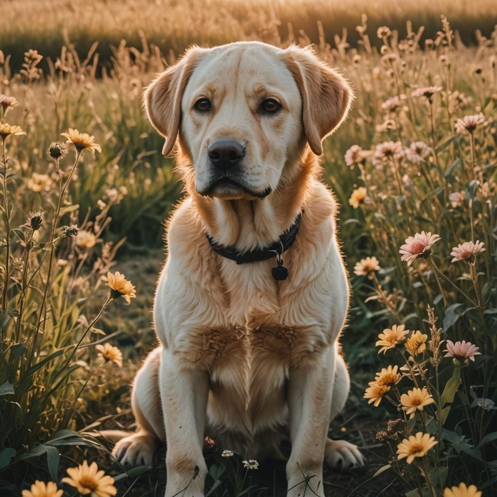Lion Labrador Puppy in Sunset Field: Photorealistic