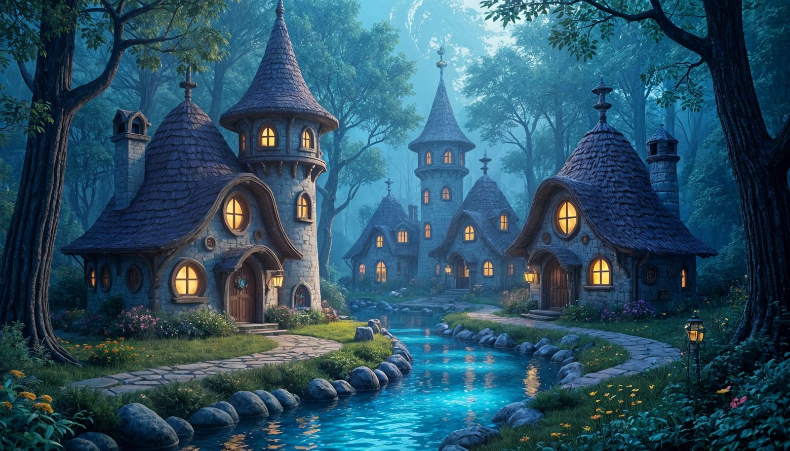 Whimsical Elven Cottages in Bioluminescent Forest