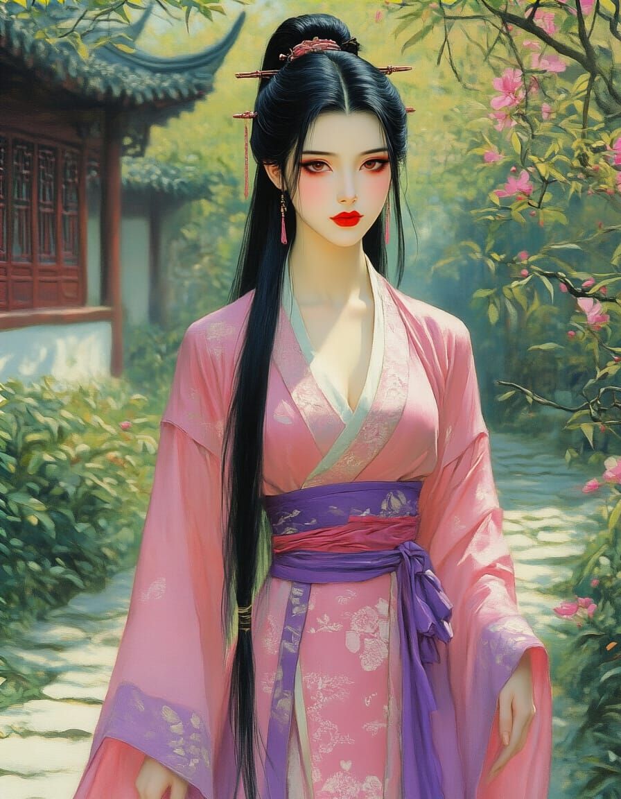 Ancient Chinese Princess in Silk Dress, Oil Painting Style