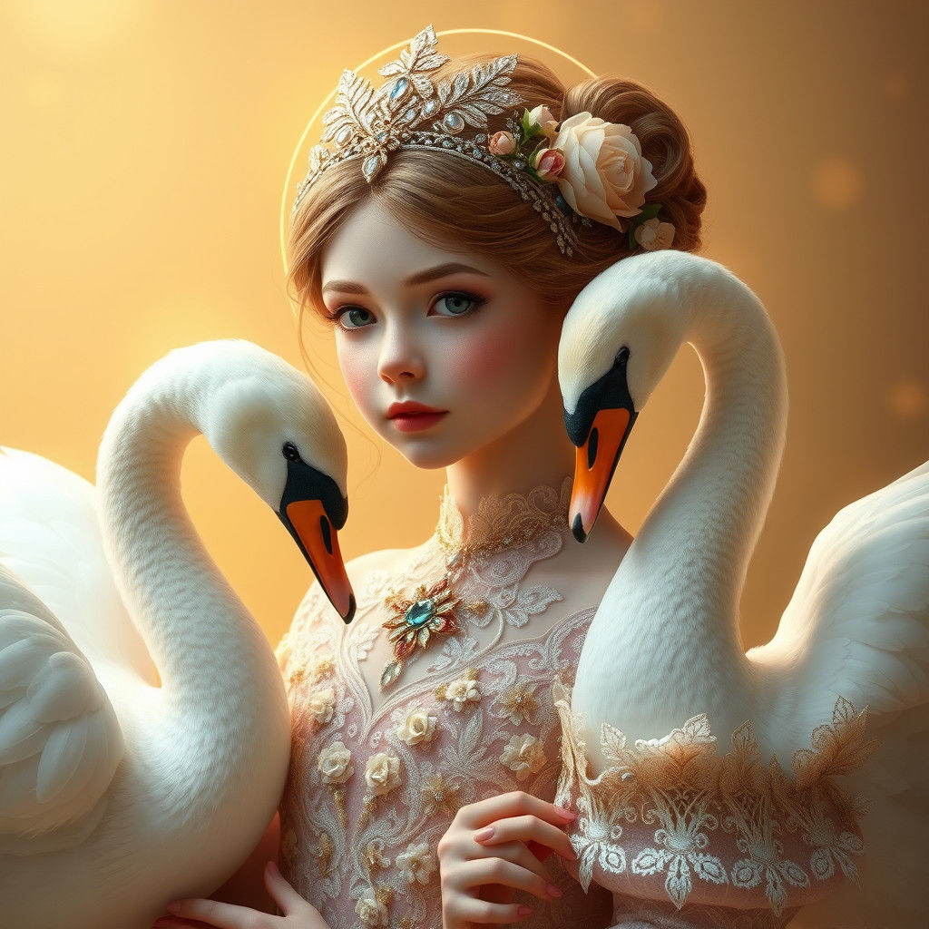 Fantasy Flower Girl with Swans, Art Nouveau Style