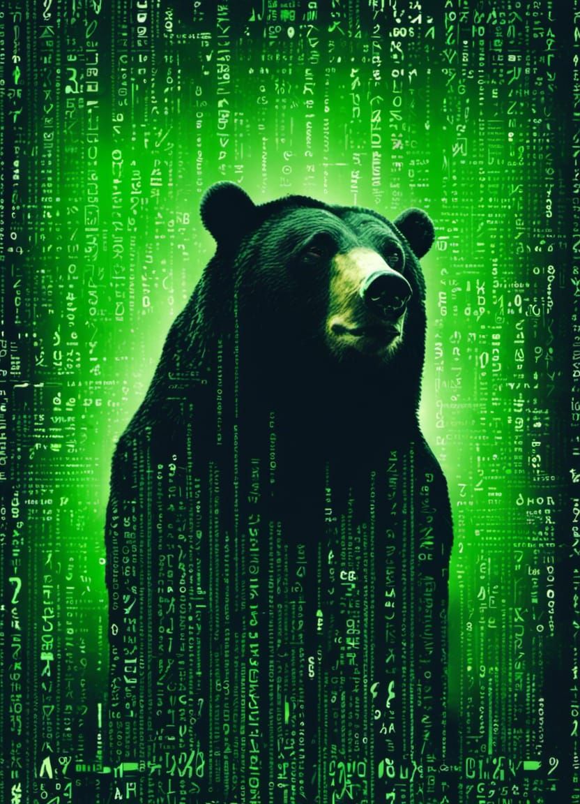 Matrix-Style Bear Portrait in Binary ASCII Starscape