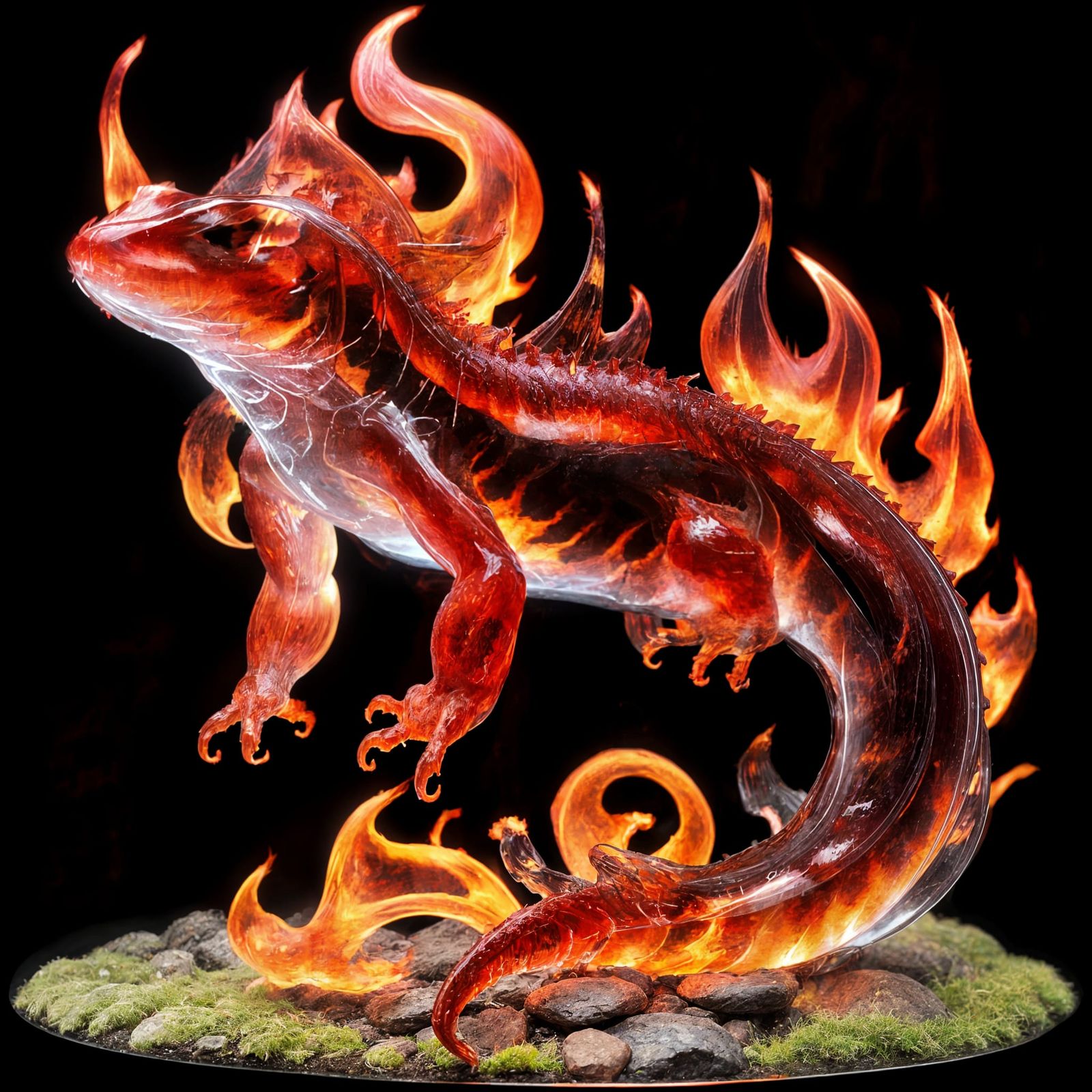 Fiery Red Salamander Rising From Flames