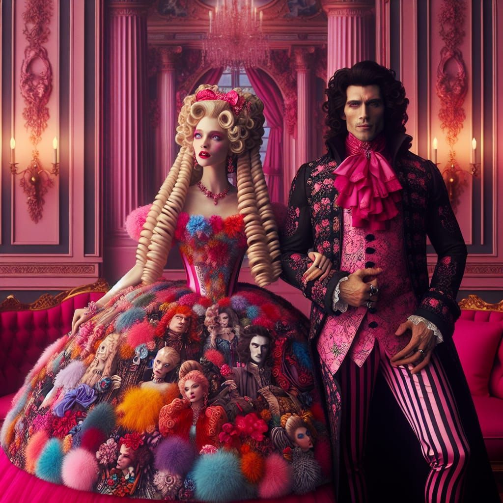 Vampire Embraces Maid in Luxurious Pink Bedroom