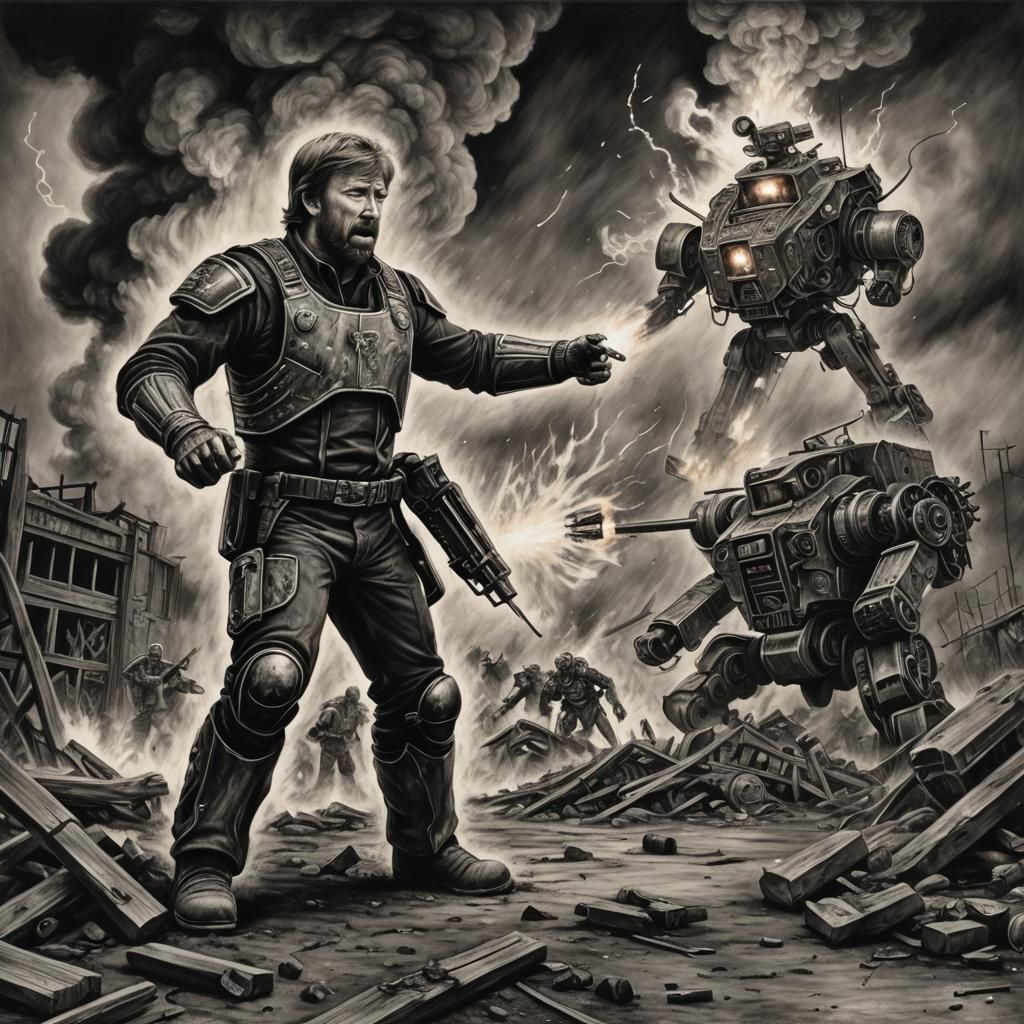 Chuck Norris Kicks Robot in Wasteland Charcoal Drawing