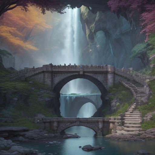Fantastical Stone Bridge Above Waterfall in Detailed Matte P...
