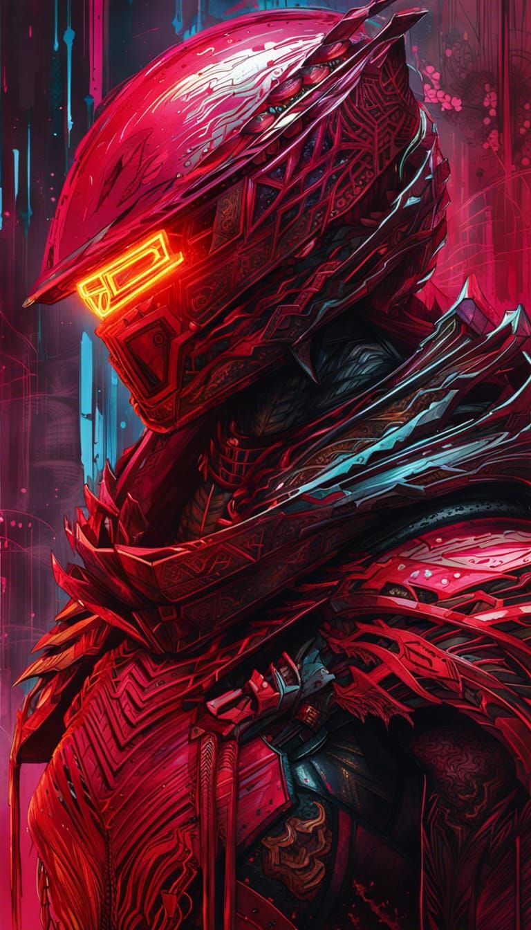 Cyberpunk Knight in Ruby Armor with Lava Outlines