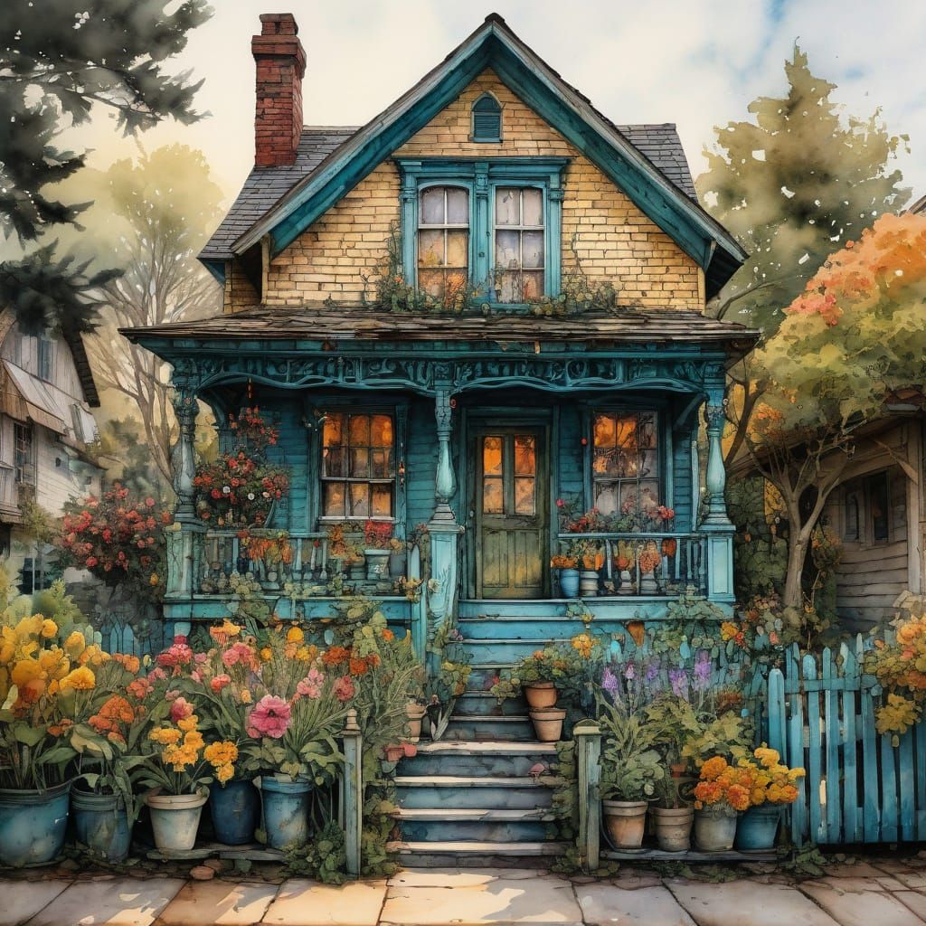 Whimsical Antique Home in Vibrant Watercolor Style