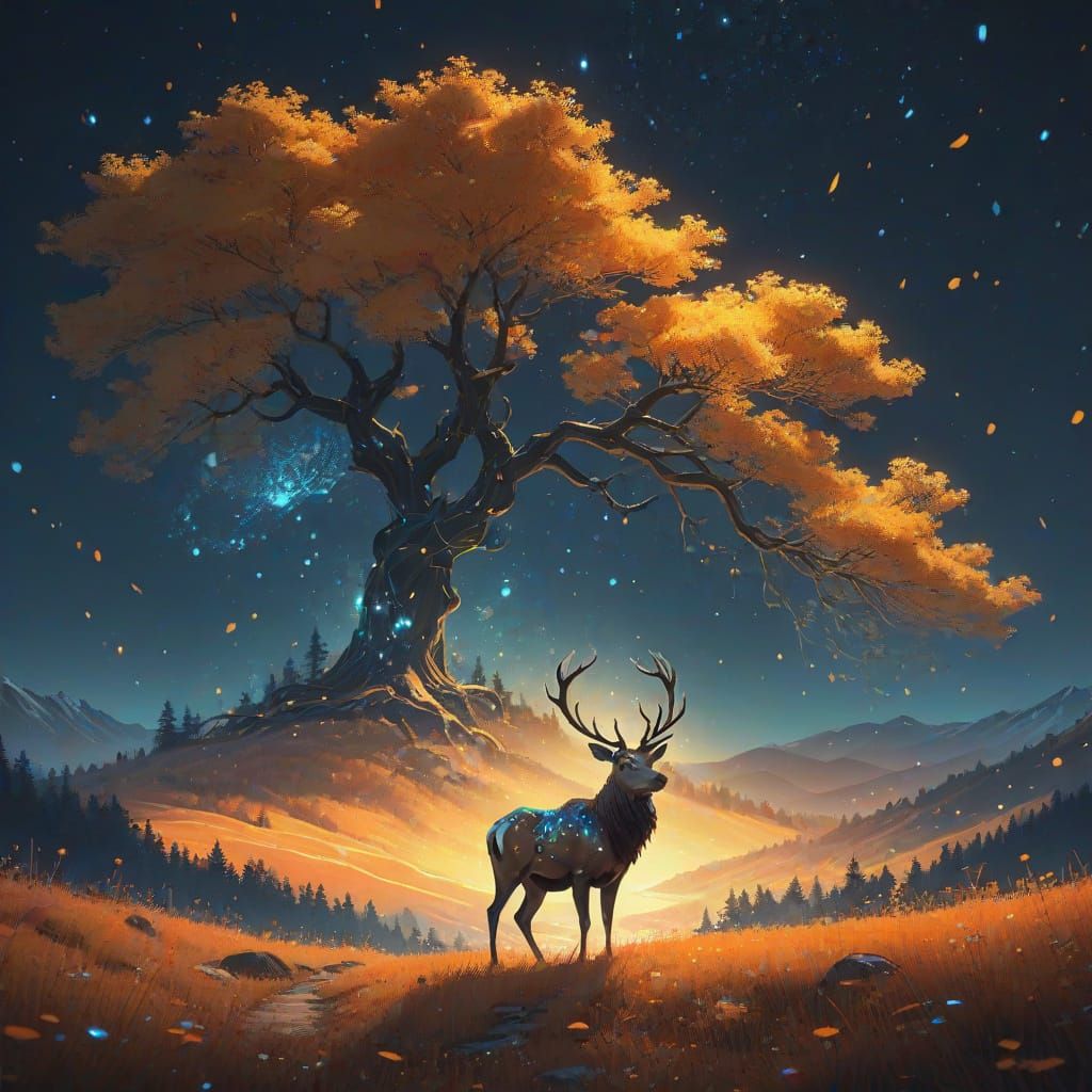 Stag Adorned with Forest in Klimt-Inspired Glow