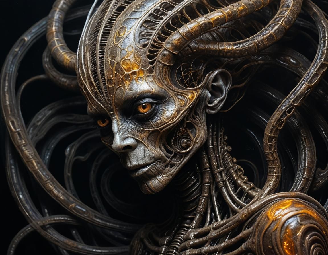 Ethereal Smoky Creature in Biomechanical Art Deco Style