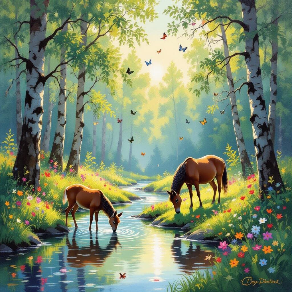 Impressionistic Forest Scene with Deer and Sunlight