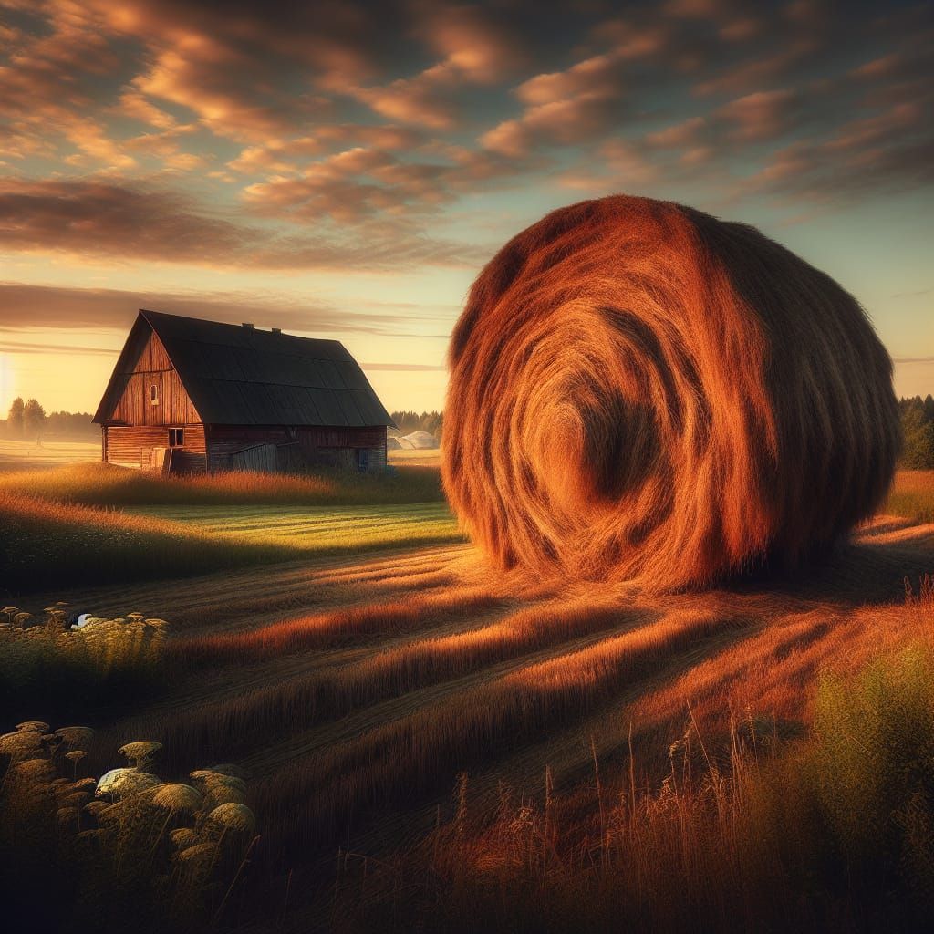 Rustic Barn Landscape with Golden Haystack at Sunset