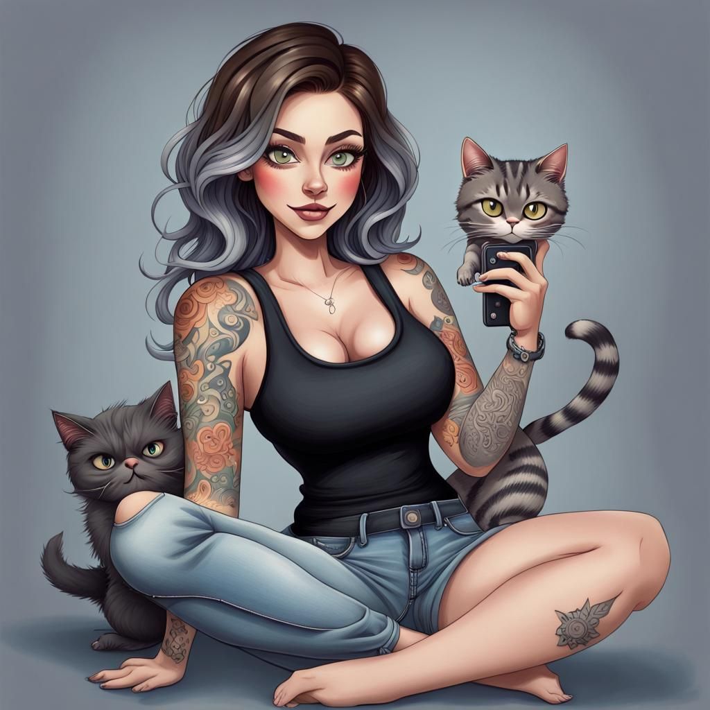 Woman and Cat Caricature Playing Video Game