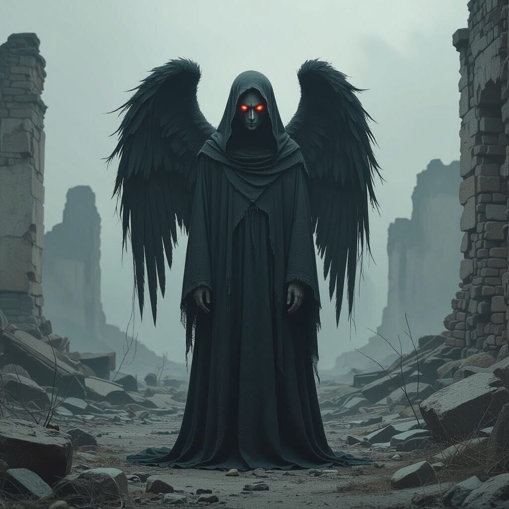 Wearied Figure in Desolate Ruins, Atmospheric Digital Art