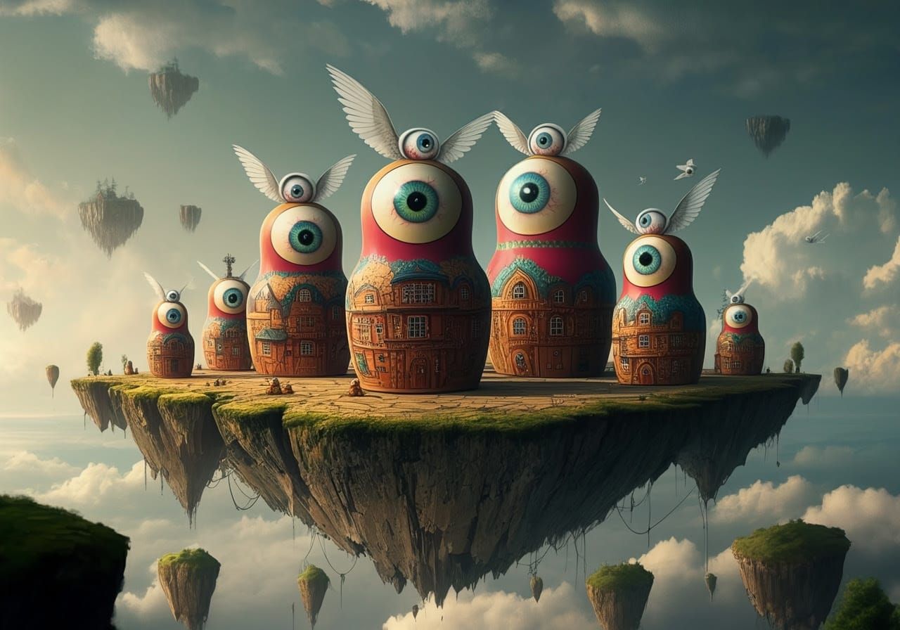 Matryoshka Doll Buildings Flown by Cloth-Winged Eyeball Hat Skygods