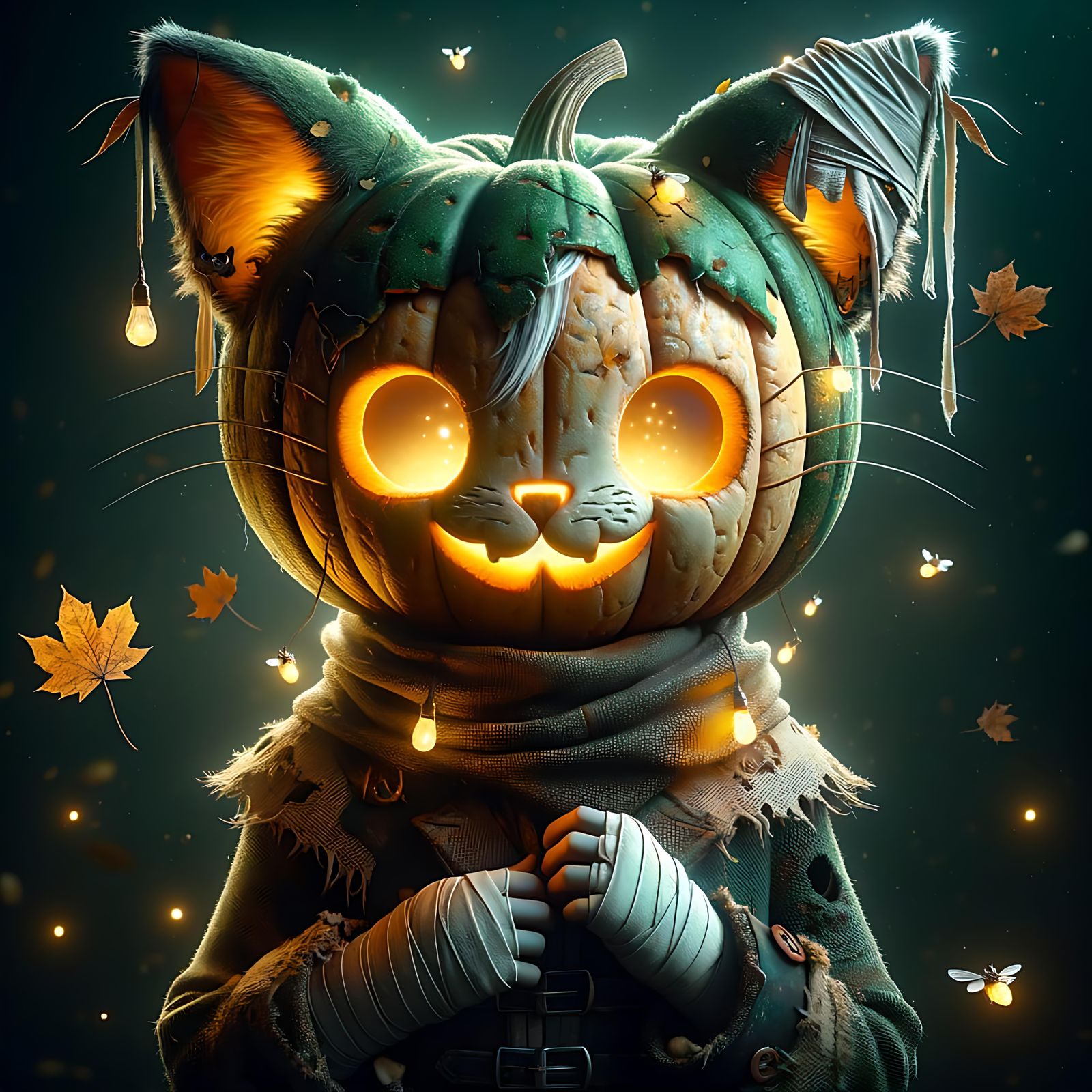 Pumpkin Cat Character in Eerie Autumn Night