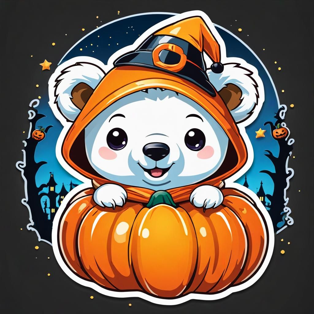 Kawaii Polar Bear Pumpkin Sticker in 8K Ultra HD
