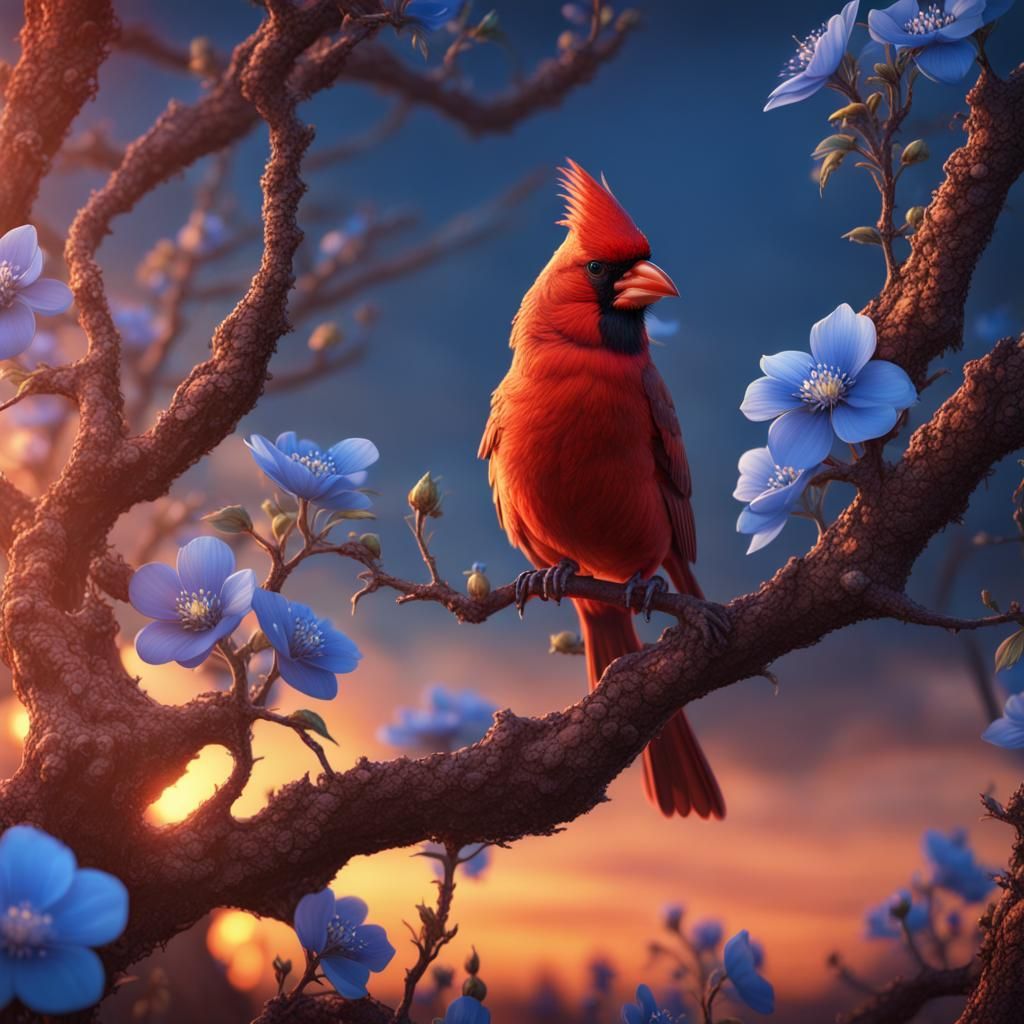 Cardinal Singing at Sunset: Detailed Matte Painting