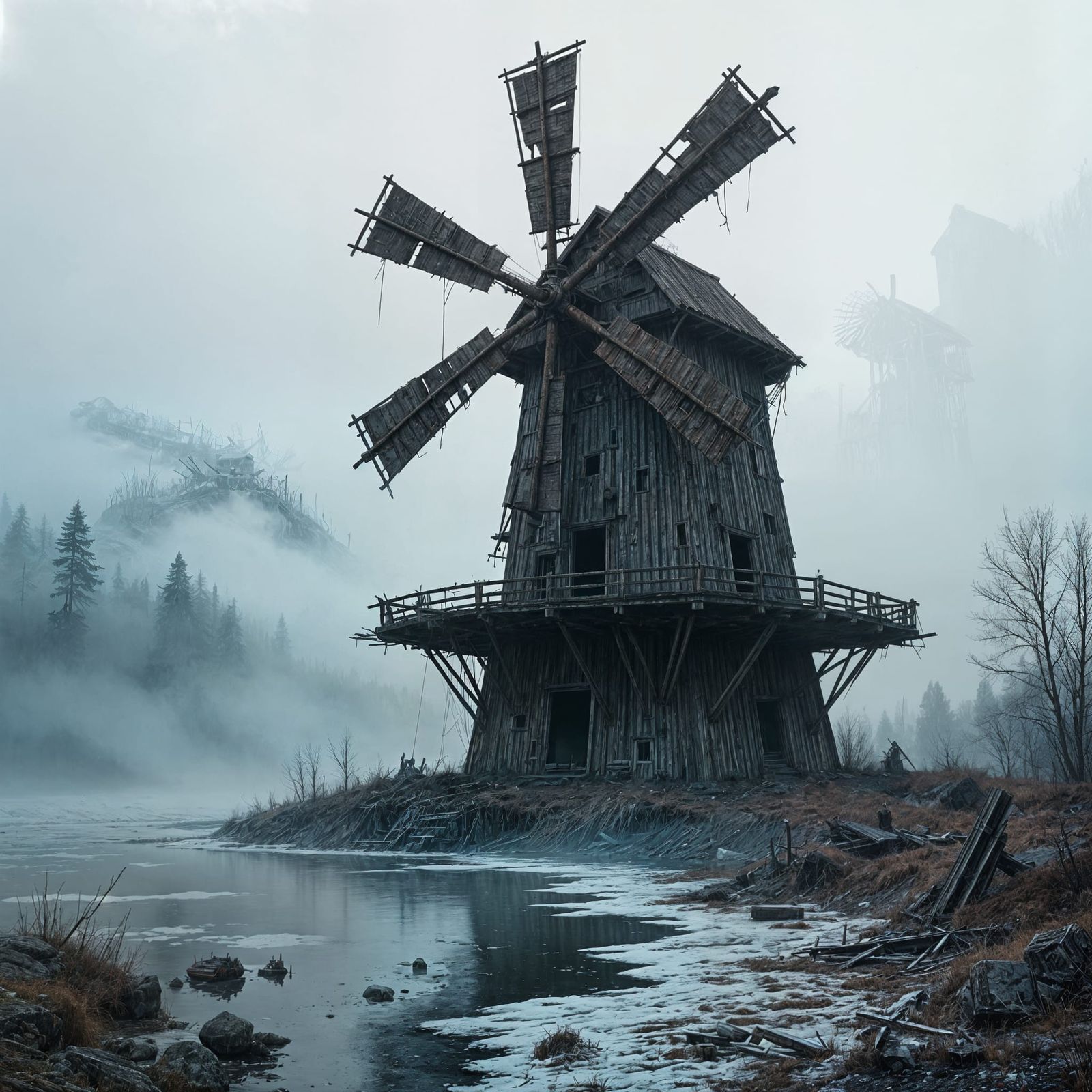 Rotting Windmill Over Frozen Water in Fog