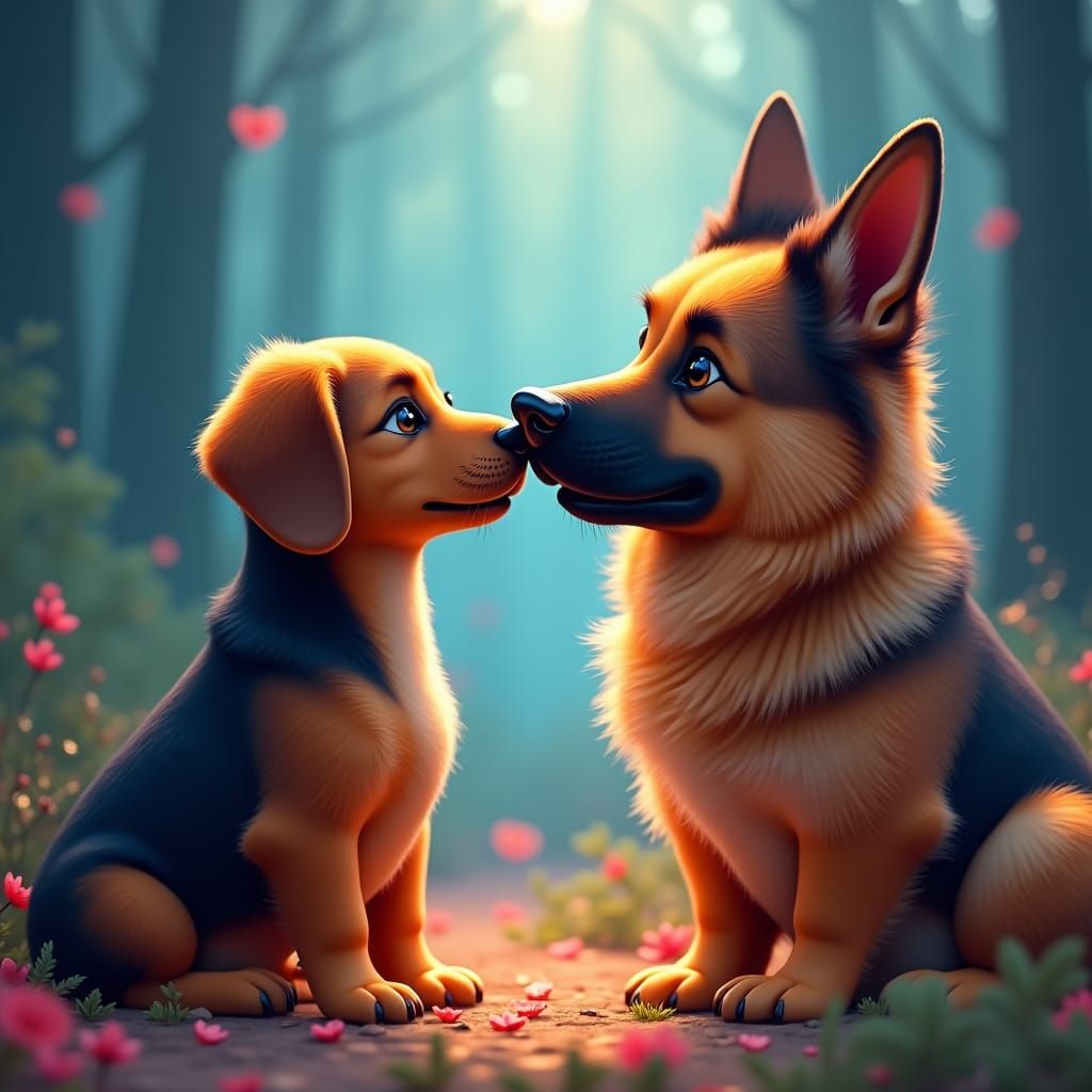 Dachshund and German Shepherd Kiss: Fantasy Art