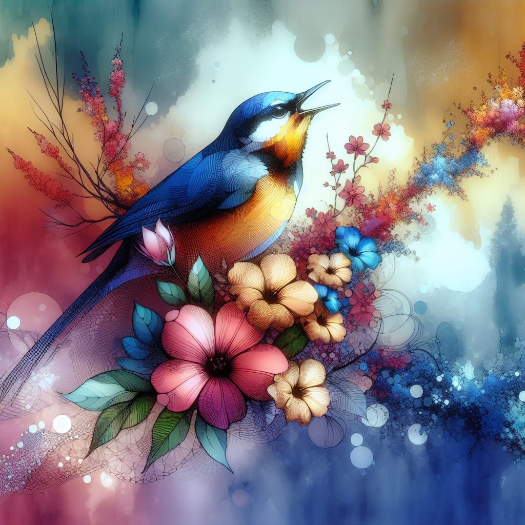 Vibrant Songbird in Triadic Bloom, a 3D Trompe-l'œil Masterp...