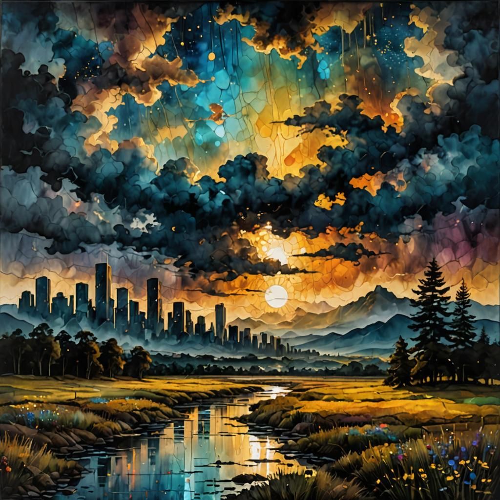 Moody Cityscape in Alcohol Ink Style with Zentangle Elements