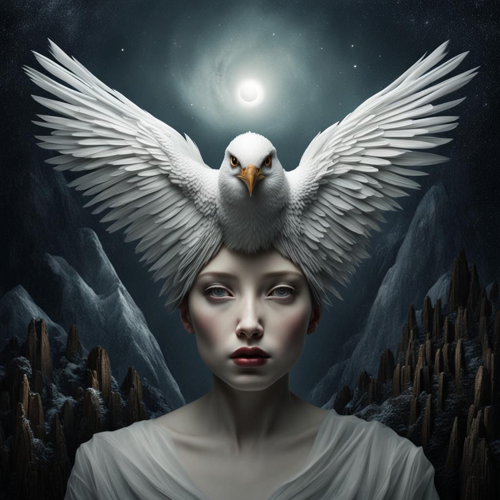 Surreal Snow Bird Portrait in Mixed Media