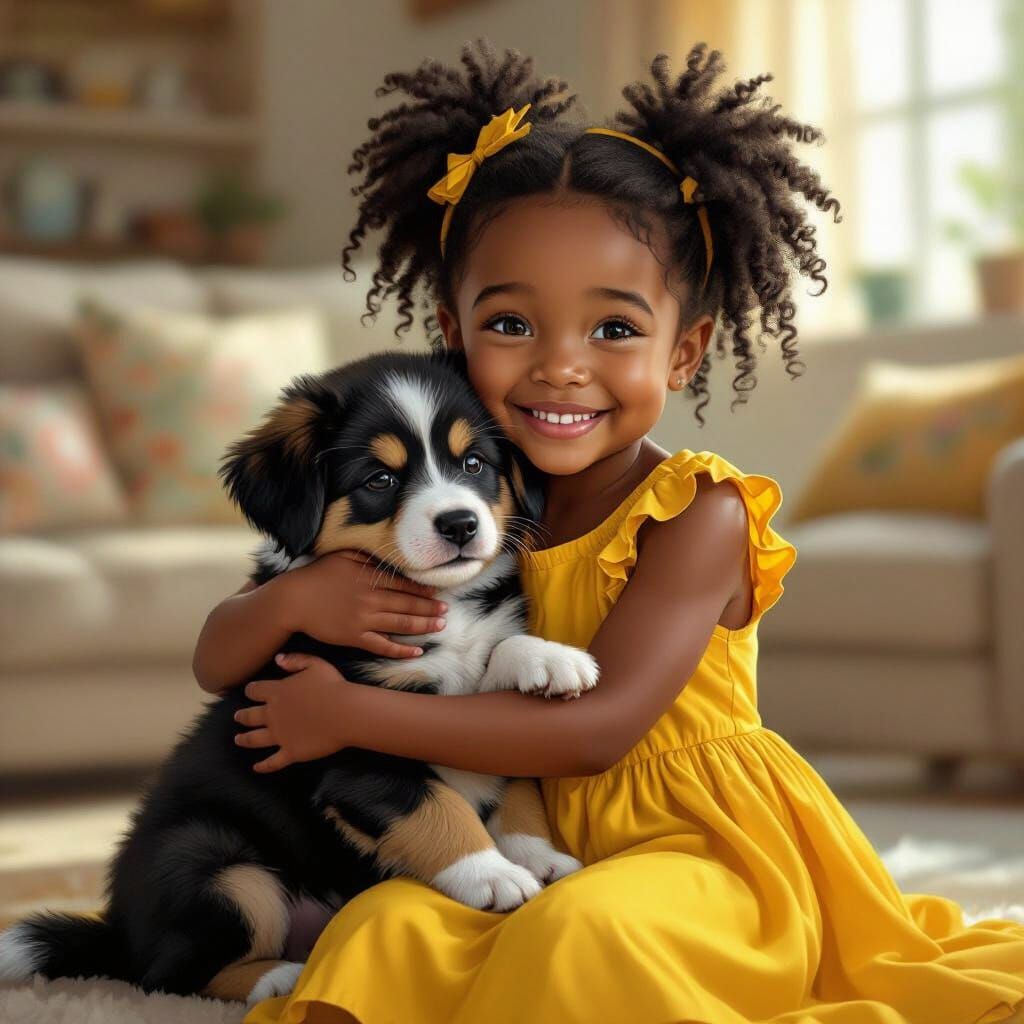 Girl Hugs Overwhelmed Puppy in Cozy Living Room
