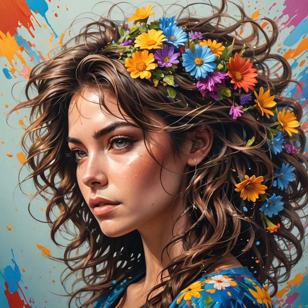 Brunette Portrait with Wild Hair and Flowers