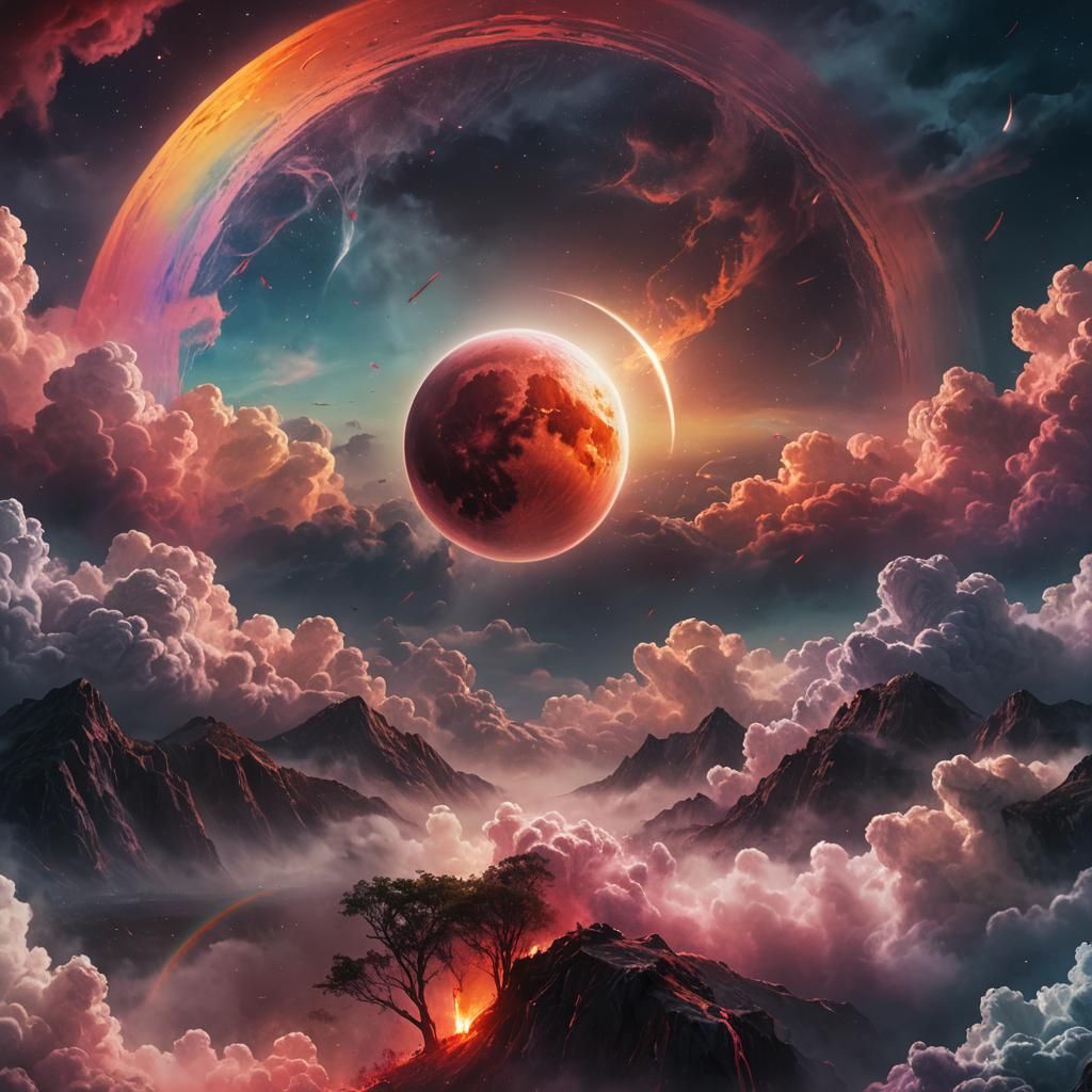 Blood Moon Surrounded by Rainbow: Fantasy Concept Art