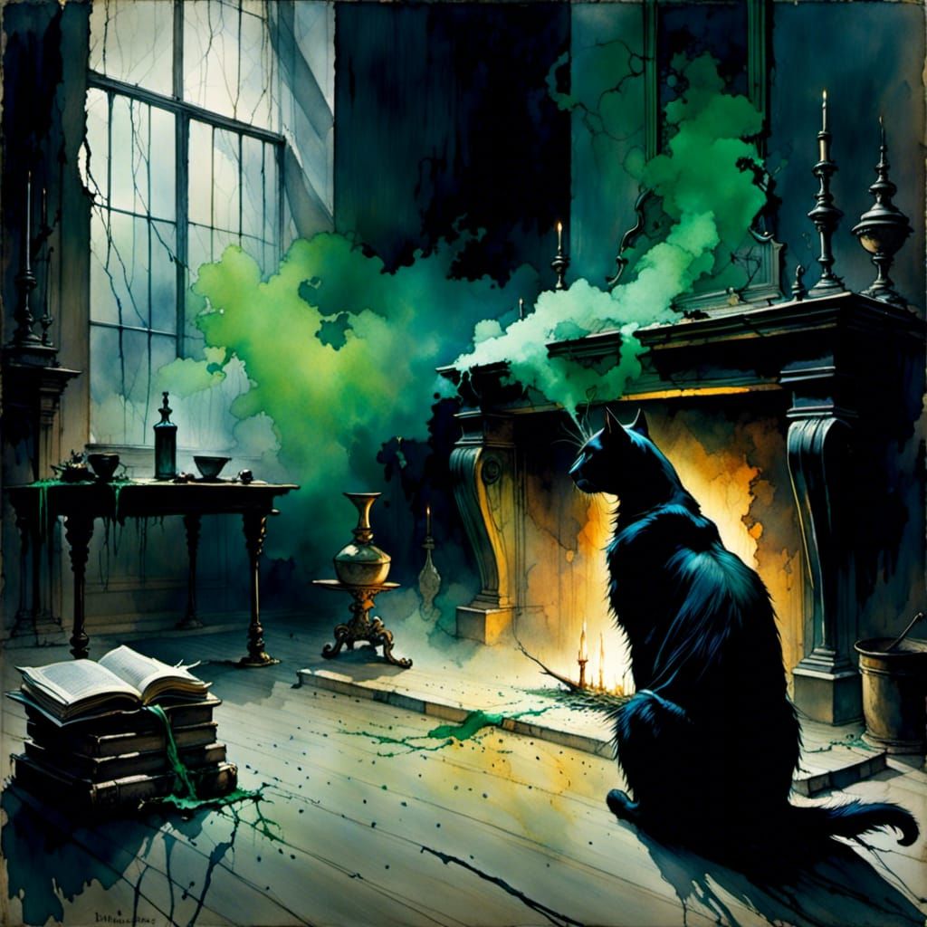 Black Cat Watching Green Mist in Dark Room