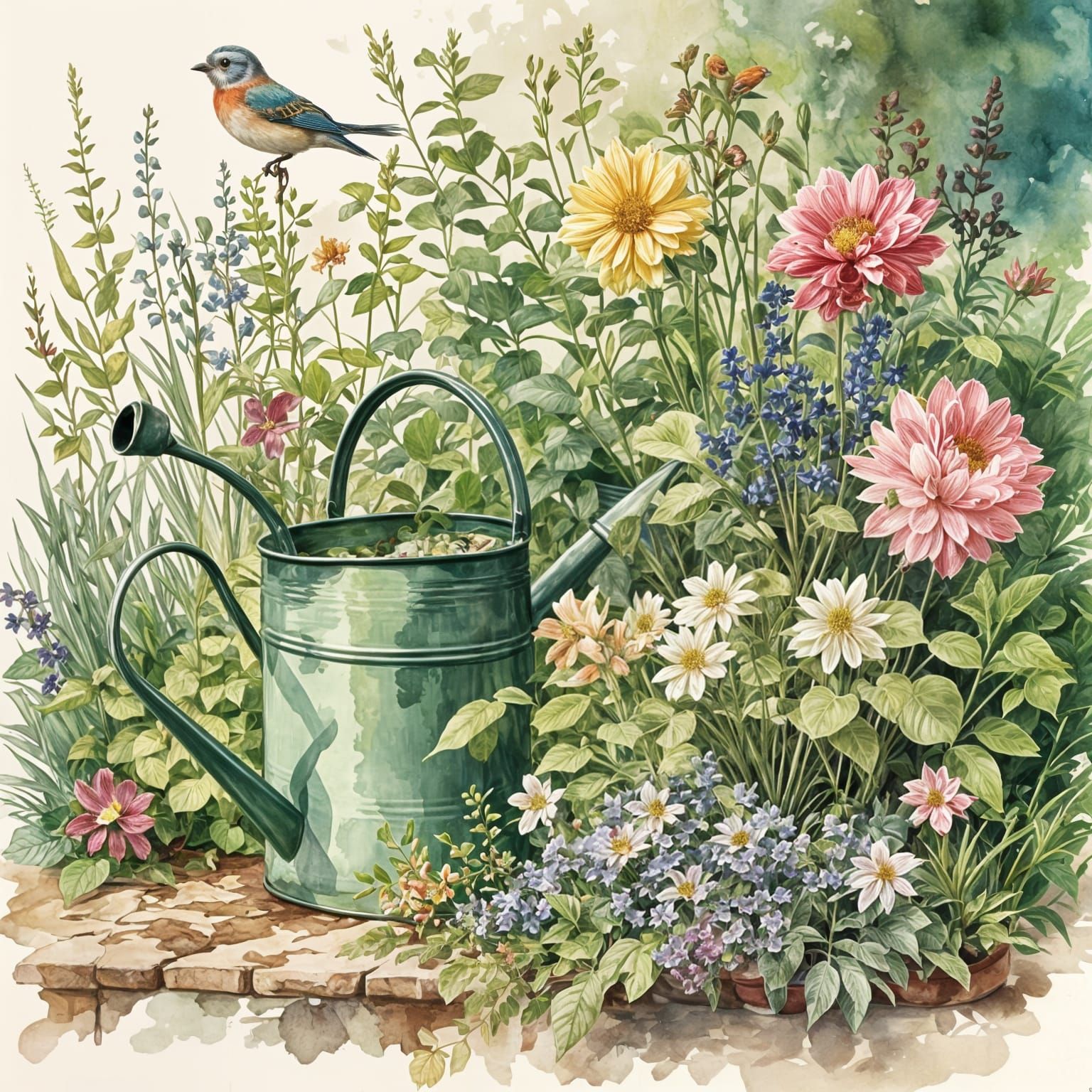 Vintage Watercolor: Plants, Watering Can and Bird