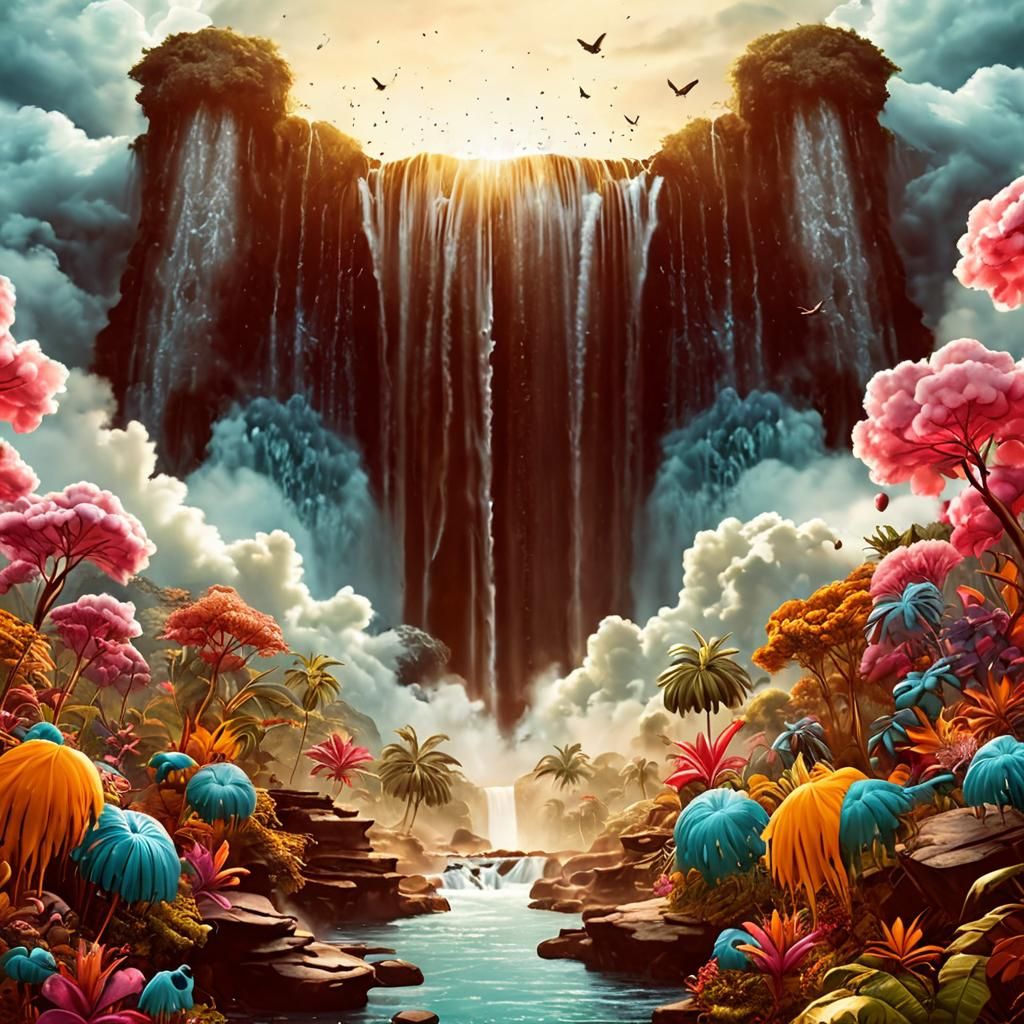 Surreal Waterfall Between Legs in Mystical Jungle