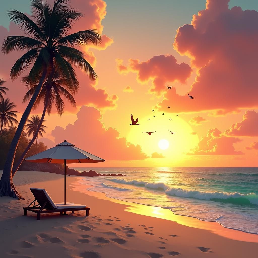Picturesque Sunset Beach Scene with Silhouetted Birds