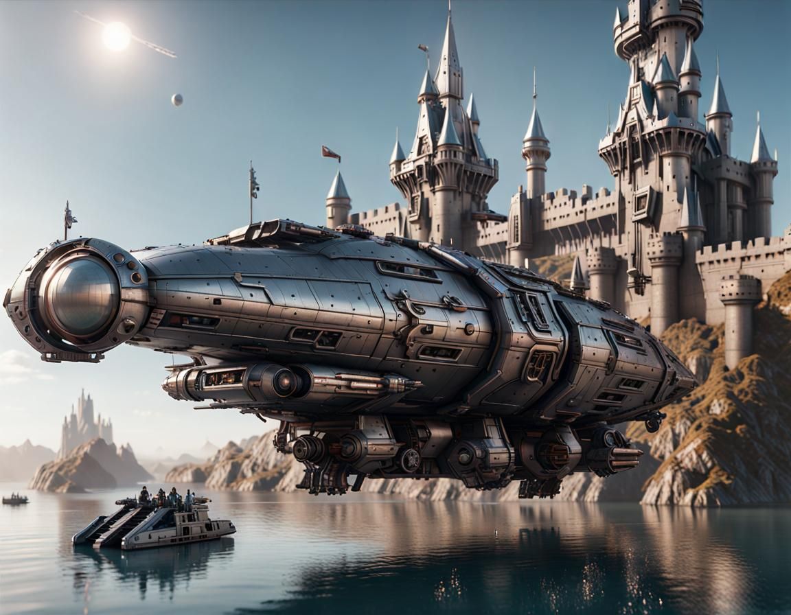 Sci-Fi Medieval Barge with Knights, a Digital Masterpiece