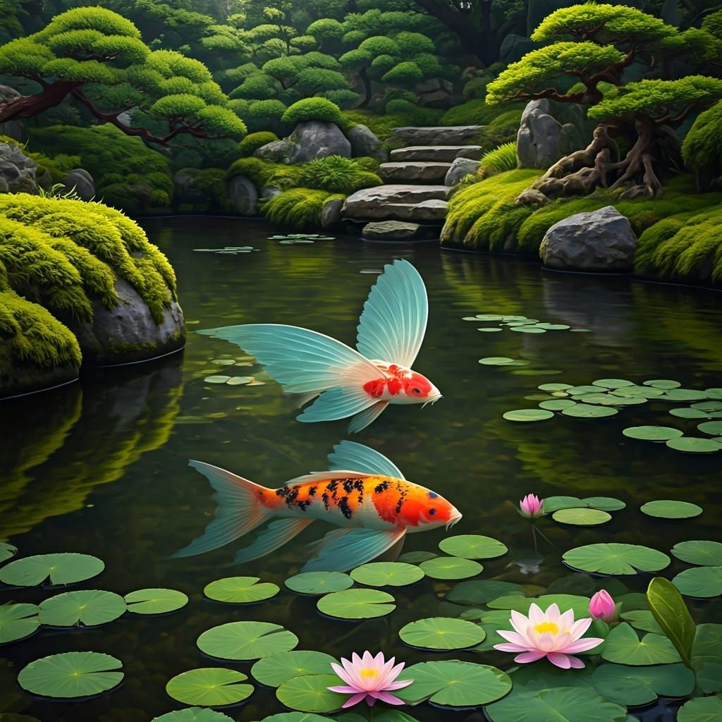 Winged Koi in Zen Garden Watercolor Painting