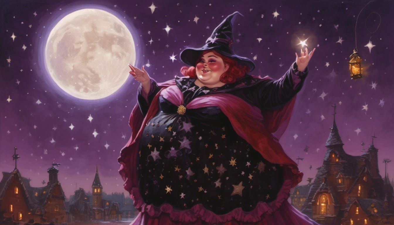 Curvy Red-Haired Witch in Starry Night, Chiaroscuro Illustra...