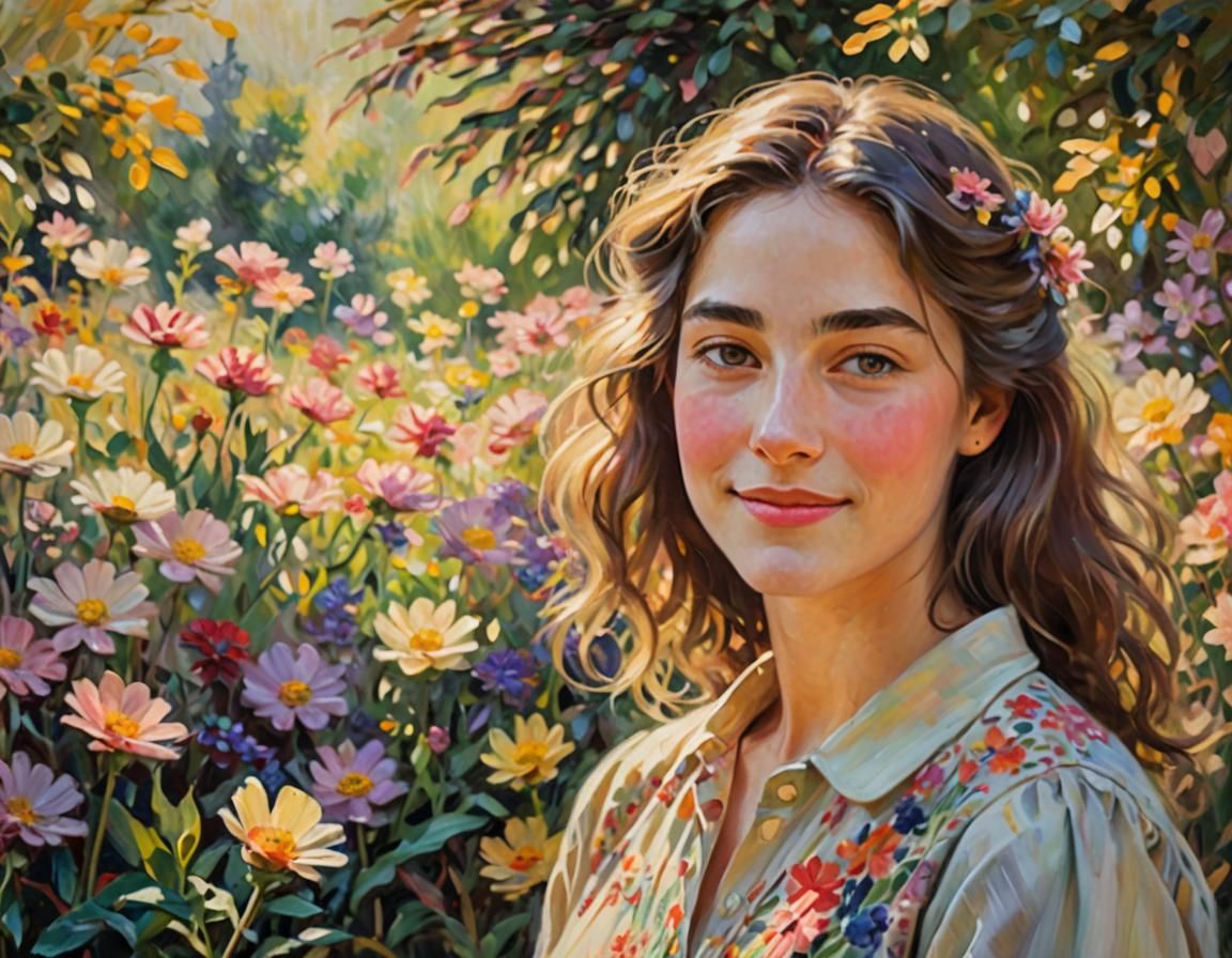 Impressionist Portrait of Woman in Flower Garden