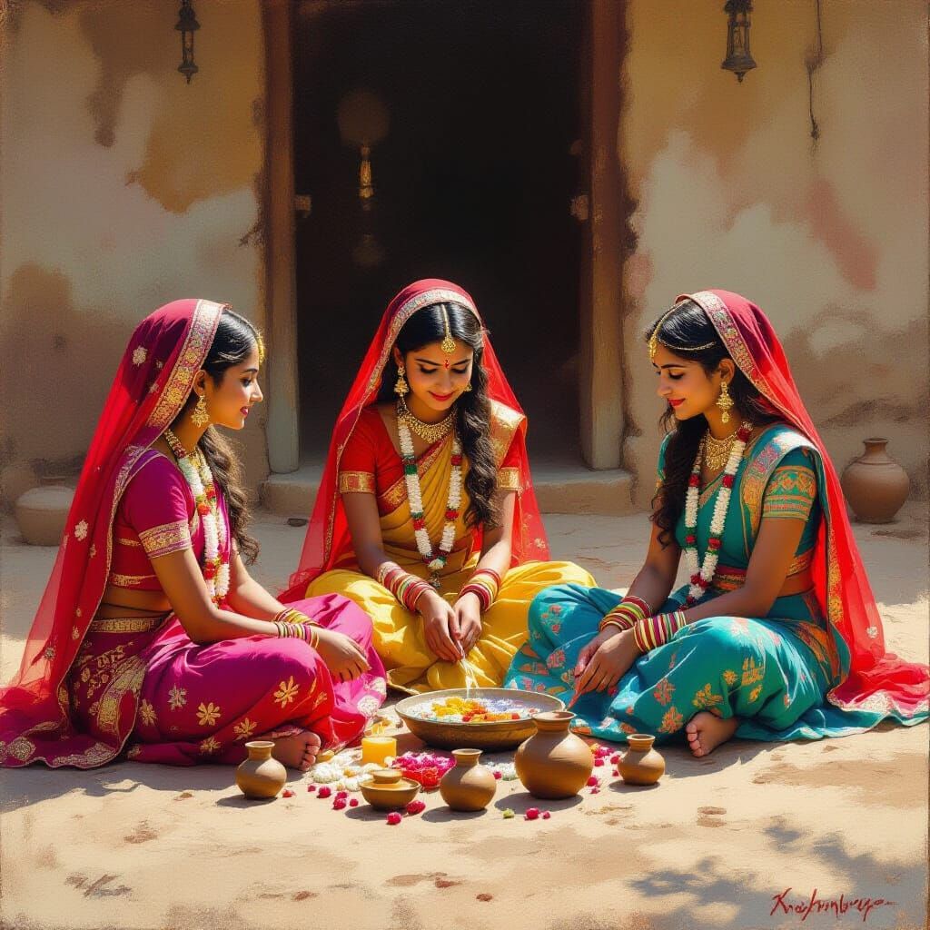 Indian Village Girls Preparing for Navratri, Digital Paintin...
