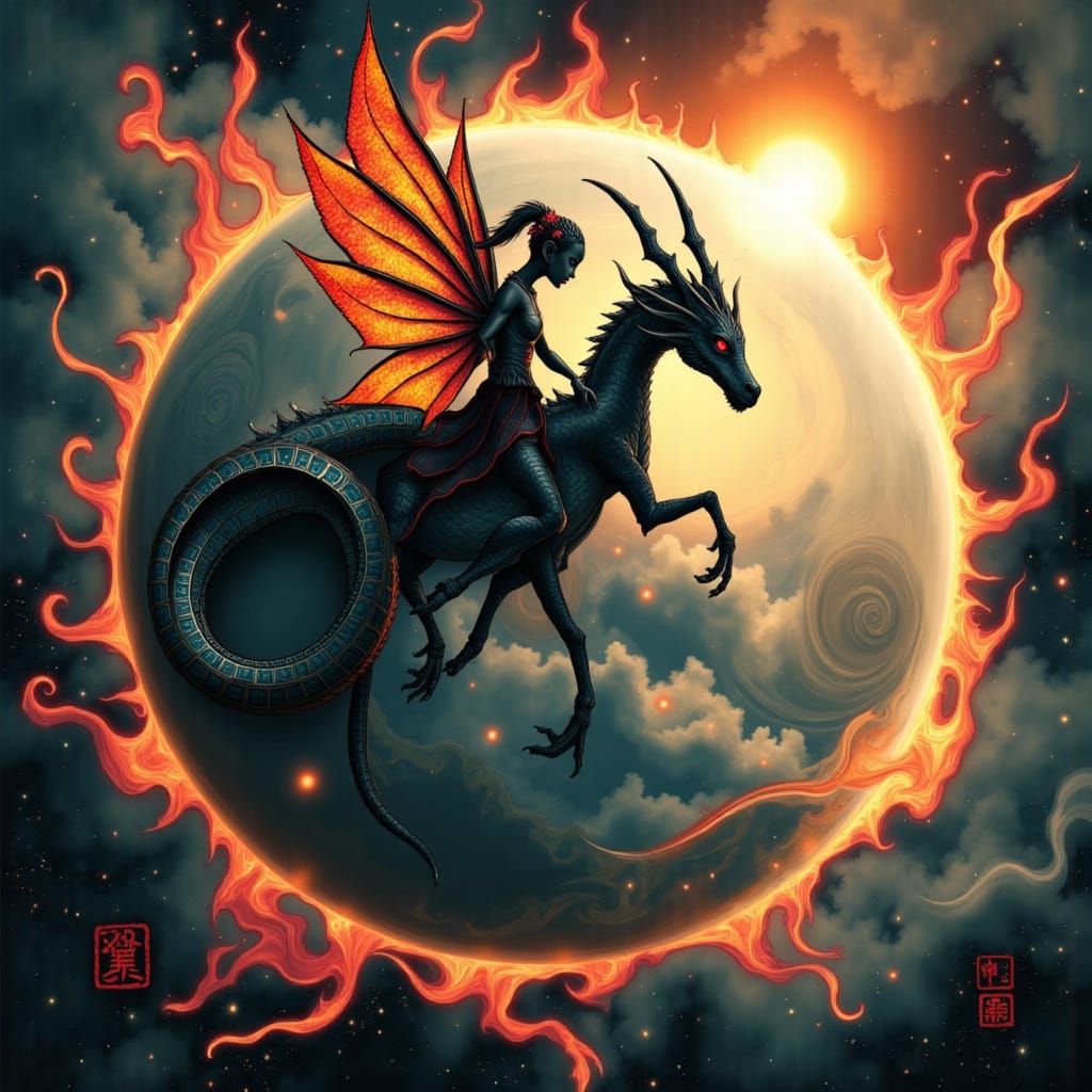 Cyberpunk Fairy Rides Dragon Over Gas Giant with Fractal Fla...