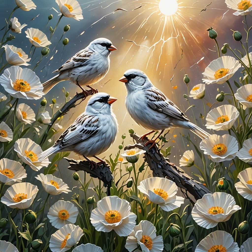 White Sparrows and Poppies in Dramatic Sunlight